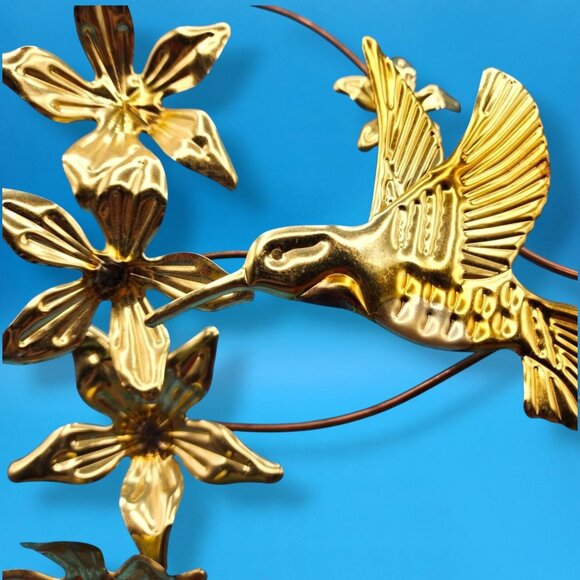 Vintage Mid Century Brass Hummingbird Wall Art Copper Floral Metal Sculpture - Picture 5 of 12